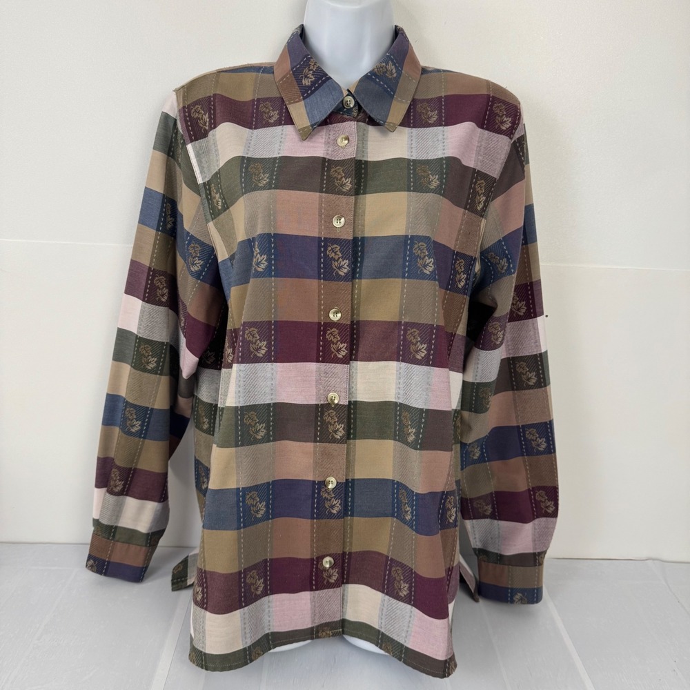90s Alfred Dunner Button Down Shirt Women 16W Multicolor Plaid Leaf Vintage Fall